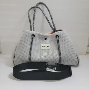 Made In Petare Grey Neoprene Black And White Rope Handles Tote Bag